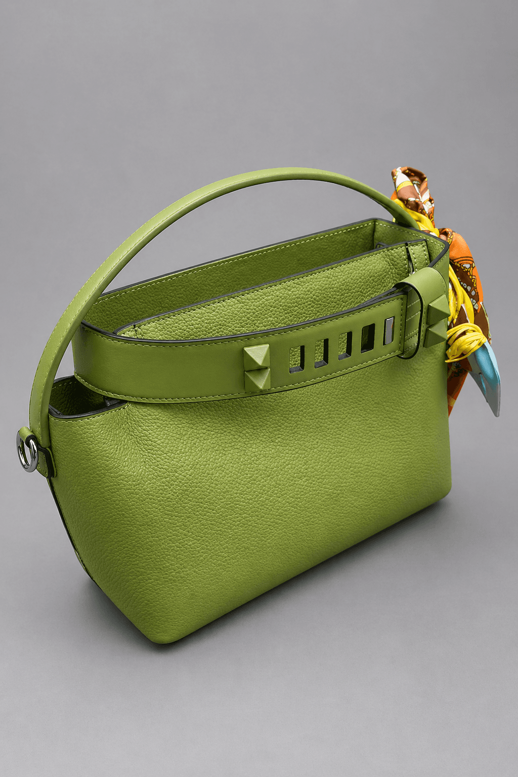 Sac à Main Structuré Vert Pomme en Cuir Grainé